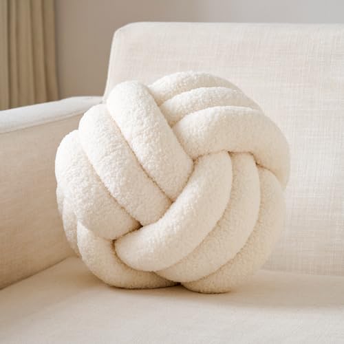 Soft Handmade Knot Pillow - Round Plush Boucle Cushion (8.6" Ivory)