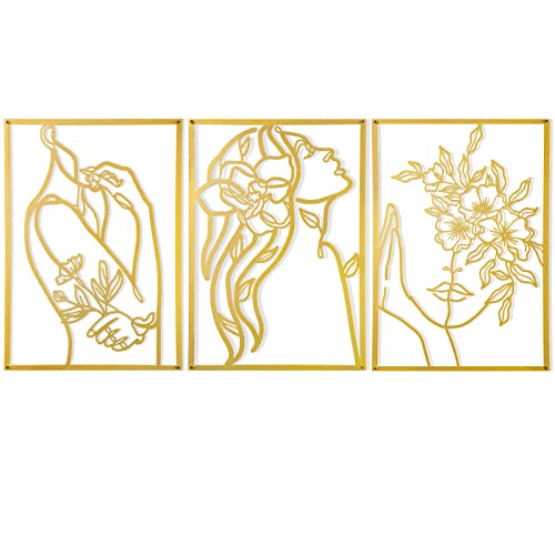 3-Piece Minimalist Gold Metal Wall Art, Floral Lady Silhouette Wall Decor