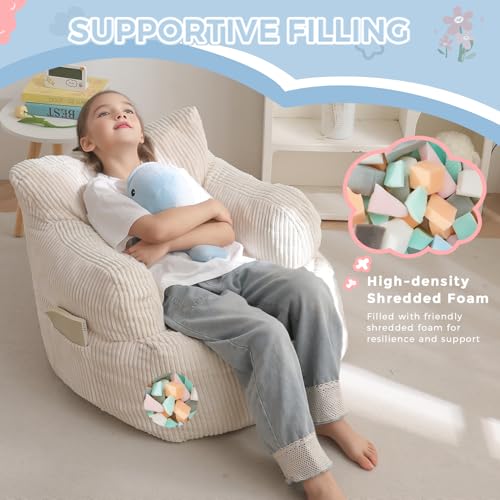 Kids Bean Bag Chair with Side Pocket - Beige Corded Foam Floor Sofa