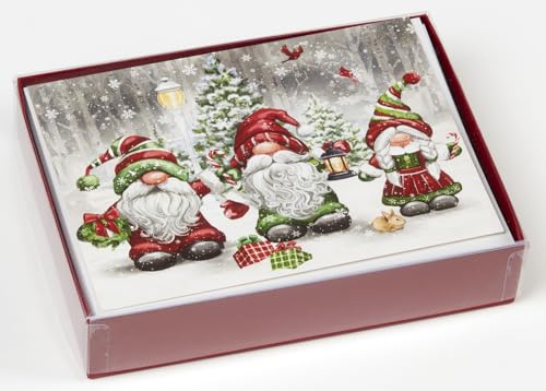Christmas Gnomes Greeting Cards Set with Foil Lined Envelopes - 15 Pack