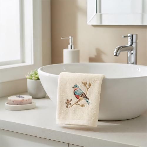 Embroidered Songbird Fingertip Towels, 100% Cotton Velour Set of 2