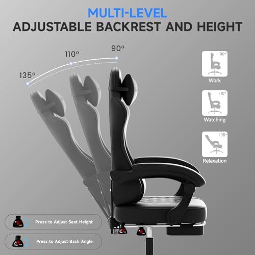 Ergonomic Gaming Chair with Footrest and Lumbar Support, Grey PU Leather