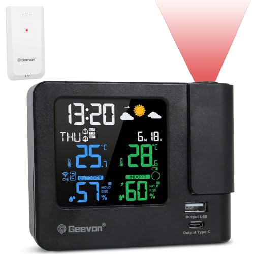 Projection Alarm Clock with Weather Station, Indoor & Outdoor Temperature