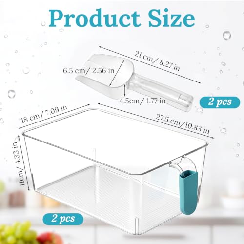 2-Pack Freezer Ice Bins with Scoops - Clear Plastic Ice Storage Organizer