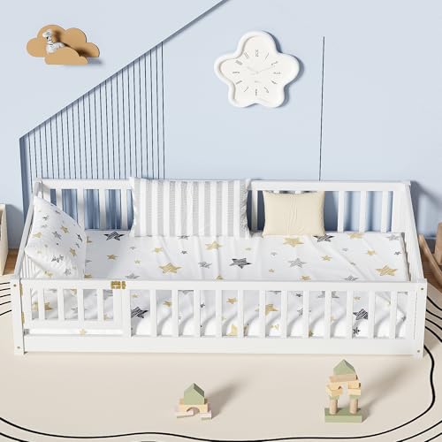 Twin Montessori Floor Bed Frame with Safety Fence and Door, Solid Wood