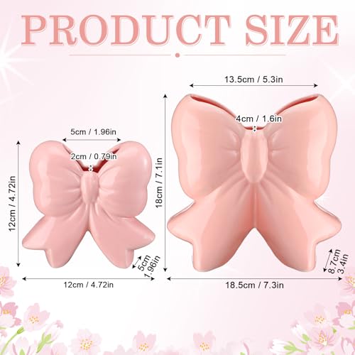 Pink Ceramic Bow Vase & Makeup Brush Holder - Small Vanity Desk Organizer