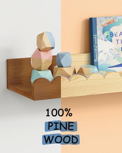 Scalloped Wooden Floating Wall Shelves for Nursery - Set of 4, Walnut
