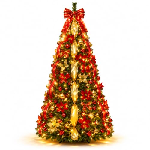 Skasii 7FT Red Pop Up Christmas Tree with LED Lights - Fully Decorated