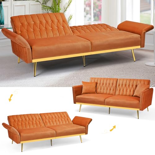 70-Inch Velvet Convertible Futon Sofa Bed with Adjustable Armrests