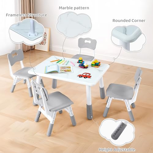 DOREROOM Toddler Table and 4 Chairs Set 31.5''L x 23.6''W Marble Top Grey No-Screw Legs