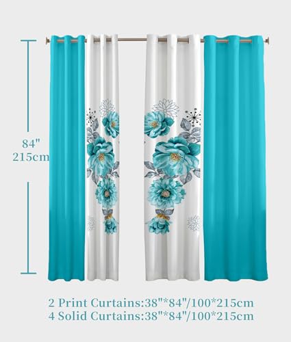 Teal Floral Curtain Set with Grommets - 6 Pcs (2 Print + 4 Solid, 38"x84")