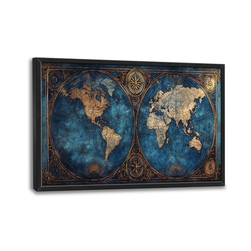 Large World Map Wall Art, Framed 24x36 Canvas Print for Living Room