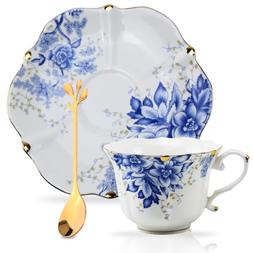 Harahiko Blue Country Roses Porcelain Tea Cup and Saucer Set with Gold Trim - Vintage Style, 8.5oz