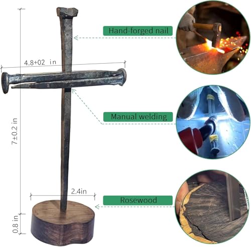 Hand-Forged Iron Crucifixion Nail Cross on Wooden Base - Religious Decor