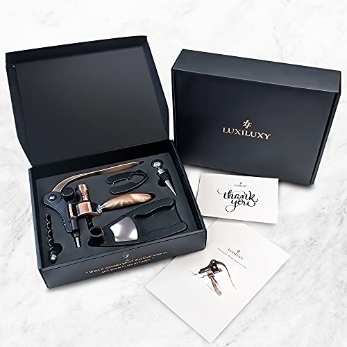 Luxiluxy Luxury Gold Wine Bottle Opener Set 2024 Upgrade – Corkscrew, Foil Cutter, Stopper & Stand