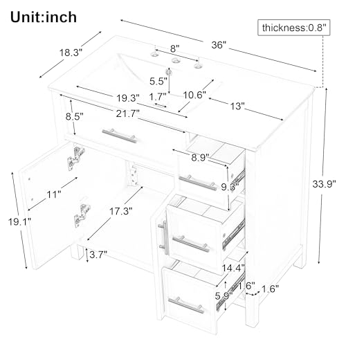 36-Inch Bathroom Vanity with Sink Combo, Freestanding Cabinet with Drawers