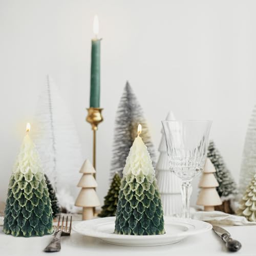 MTLEE 2 Pcs Christmas Tree Candles with Gradient Style - Decorative Holiday Table Decor