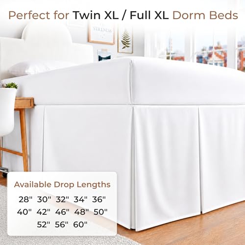 Twin XL Bed Skirt 42 Inch Drop Length Pleated Microfiber Dorm Room Bedding - White, Split Corner - Variation 01
