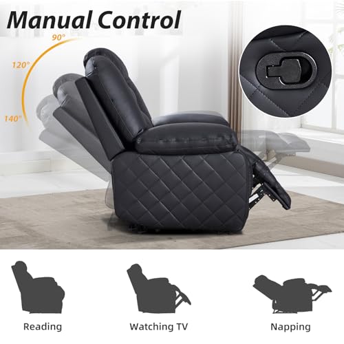 3-Seat Faux Leather Manual Reclining Sofa, Black Overstuffed Living Room Couch