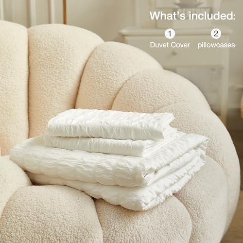 White Seersucker Duvet Cover Set Queen - Soft Microfiber Bedding with Ties