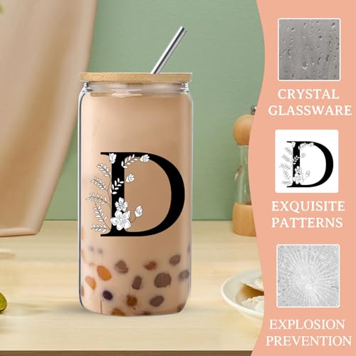 Monogrammed Initial Glass Cup with Lids, Straws & Gift Box - Variation: glassw cup-d