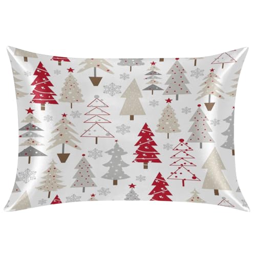 Christmas Tree Satin Pillowcase 20x26 Inches White Silk Pillow Cover with Zipper