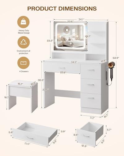 White Makeup Vanity Desk with LED Mirror & Charging Station - 4 Drawers, Stool