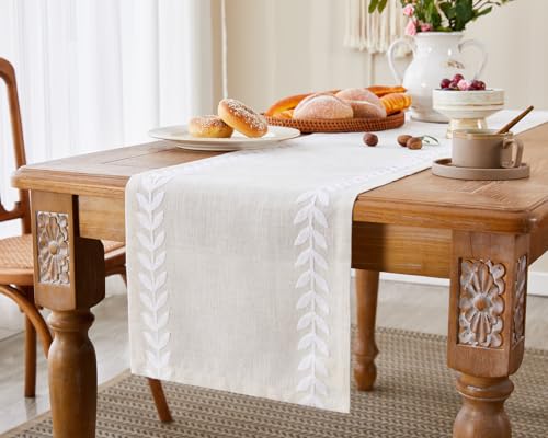 Wracra Embroidered Linen Table Runner 14 x 48 in - White Cream