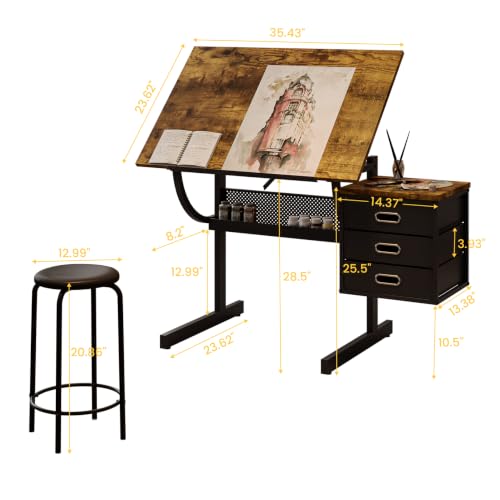 Adjustable Drafting Table with 3 Drawers and Stool, Brown Art Workstation