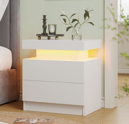 Modern White Nightstand with 2 Drawers and RGB LED Lights