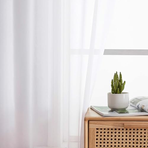 White Sheer Curtains 84 Inches Long - Light Filtering Rod Pocket Set, 2 Panels