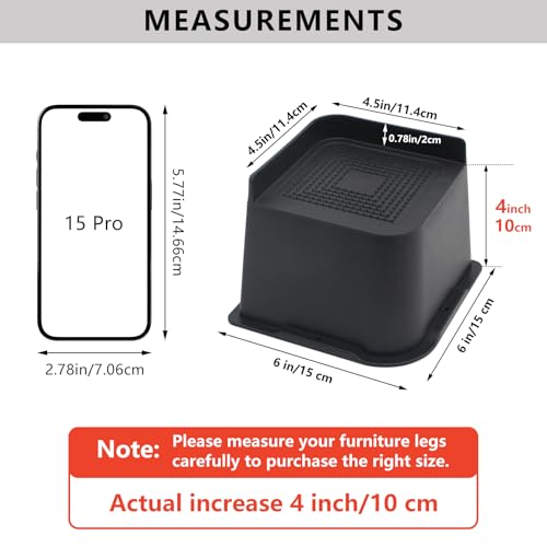 Heavy Duty 4 Inch Bed Risers (4 Pack) - Oversized L-Shape Furniture Lifts