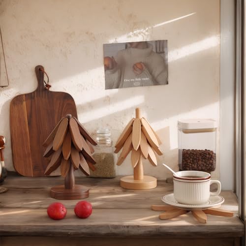 Fuijeuj Wooden Tree Trivet Set - Christmas Tree Design, 4-Piece Kitchen Hot Dish Coasters, Gift for Women