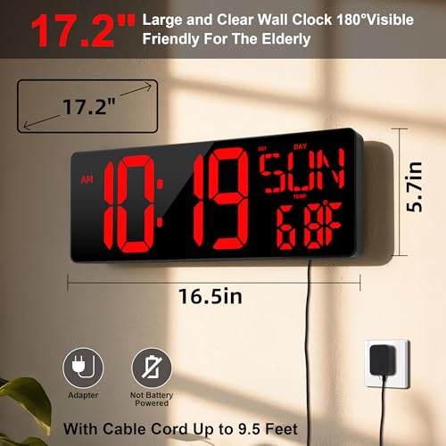 17.2-Inch Large Digital Wall Clock with Remote Control and LED Display