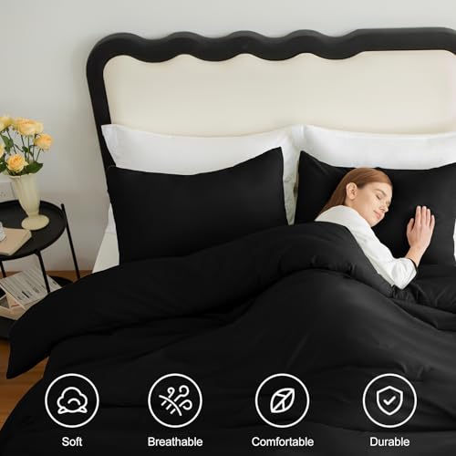 Queen Size Comforter Set - 3-Piece All Season Down Alternative Bedding, Black