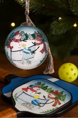 Yellow Snowman Pickleball Ornament – Hand-Painted Glass Christmas Decoration