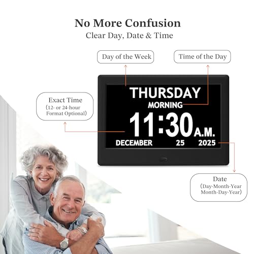 Flyruit 7'' Black Dementia Clock for Seniors Large Display Digital Calendar