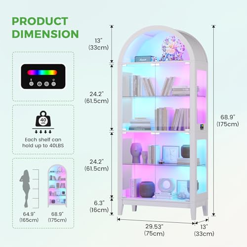 Arched Glass Display Cabinet with RGB LED Motion Sensor Lights, White