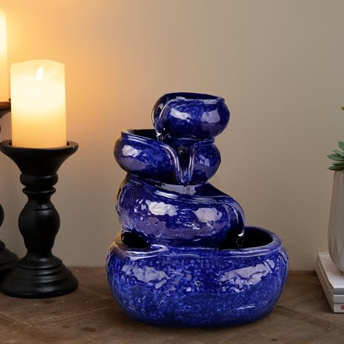 4-Tier Ceramic Tabletop Water Fountain, Cobalt Blue Cascading Indoor Decor