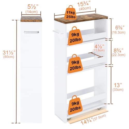4-Tier Slim Rolling Storage Cart, 5.5" Narrow Wood Organizer on Wheels