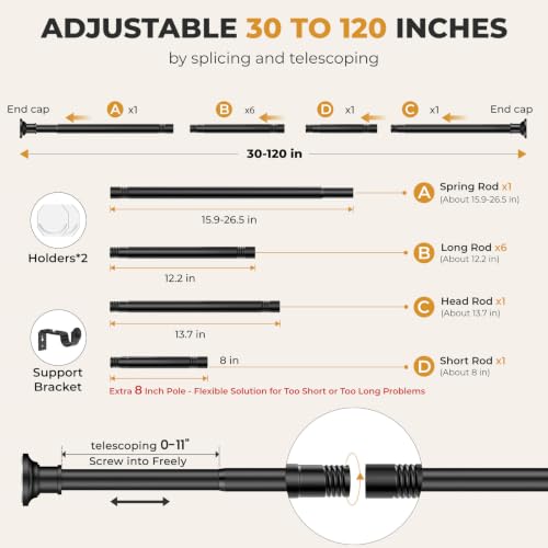 Adjustable Heavy Duty Tension Curtain Rod 30 to 120 Inch, Black No-Drill Rod