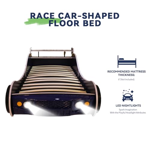Twin Race Car Bed Frame for Kids with LED Headlights and Guardrails
