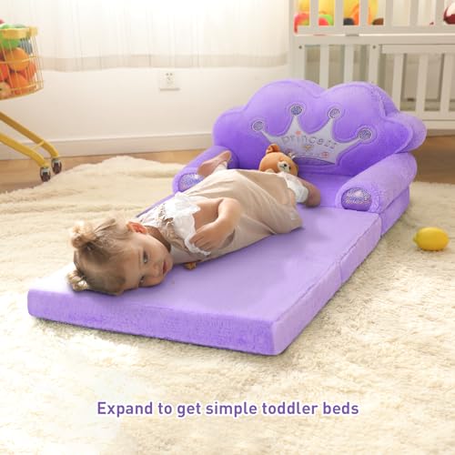 Foldable Toddler Flip Out Sofa Chair - Soft Plush Crown Kids Couch, Purple