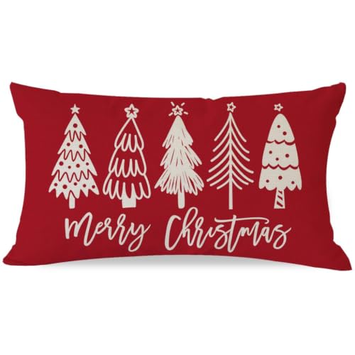 HERHOME Christmas Pillow Covers 12x20 Red Merry Christmas Tree Decor (Pack of 1) 20" x 12"
