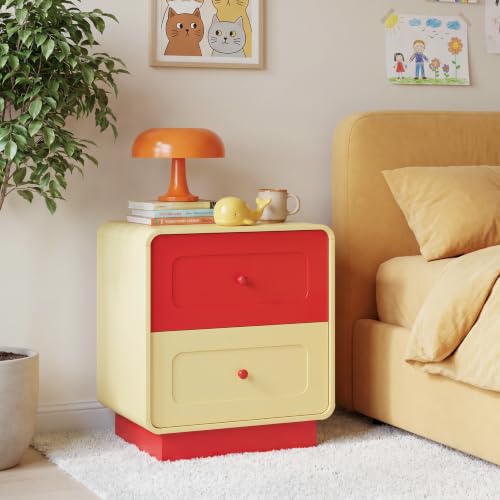 2-Drawer Kids Nightstand with Curved Edges, Red and Yellow Wooden Bedside Table