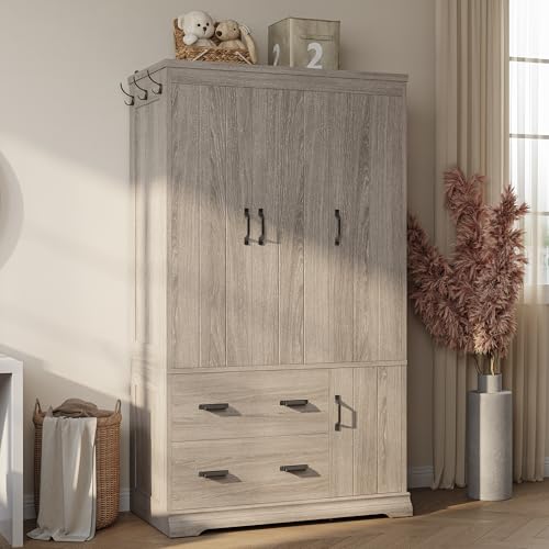 LIKIMIO Grey 70-inch Freestanding Bedroom Armoire with Drawers & Multi-Zone Storage