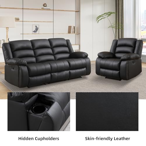 3-Seat Faux Leather Manual Recliner Sofa with Overstuffed Cushions
