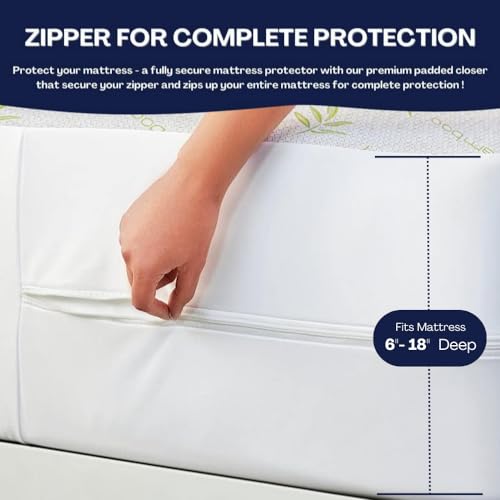 Waterproof Bamboo Queen Mattress Protector - Zippered Cooling Encasement