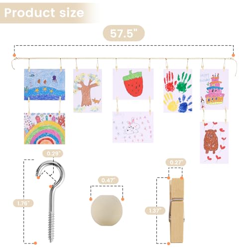 Kids Art Display Wall Hanging, Wood Bead Garland with 34 Clips