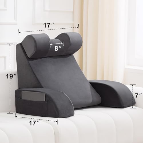 19" Reading Pillow with Back Support and Side Pockets - Grey